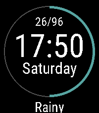 Hollow Time watchface with a compact date, large time, weekday, Rainy forecast, and a half-completed teal step circle.